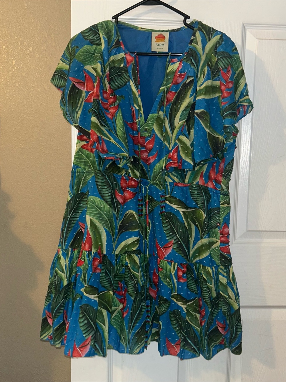 FARM RIO dream garden mini dress vibrant blue tropical leaf print size medium